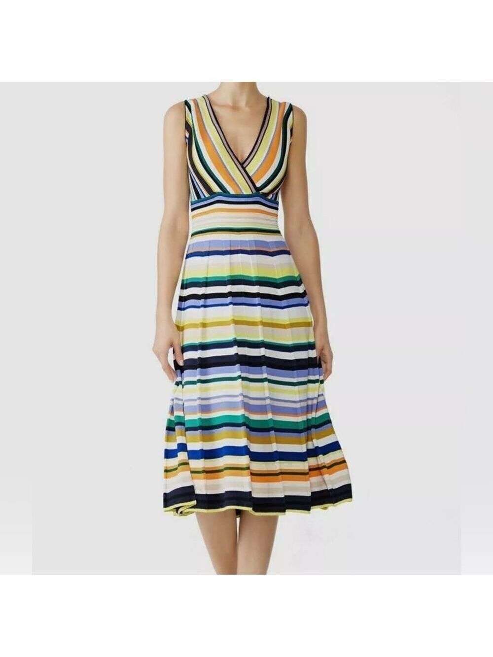 Milly Striped V-Neck Fit & Flare Tank Midi Dress